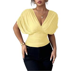 Milumia Women's Ruched Mesh T Shirt Short Sleeve Wrap Cinched Waist Tops (Yellow, S)
