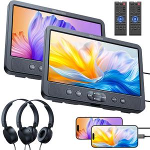 10.1" Dual Car DVD Players with HDMI Input, Headphones, Mounting Brackets, Headrest DVD Players for Car Support USB/SD Card, AV in/Out, Last Memory, Play A Same or Two Movies, No Battery
