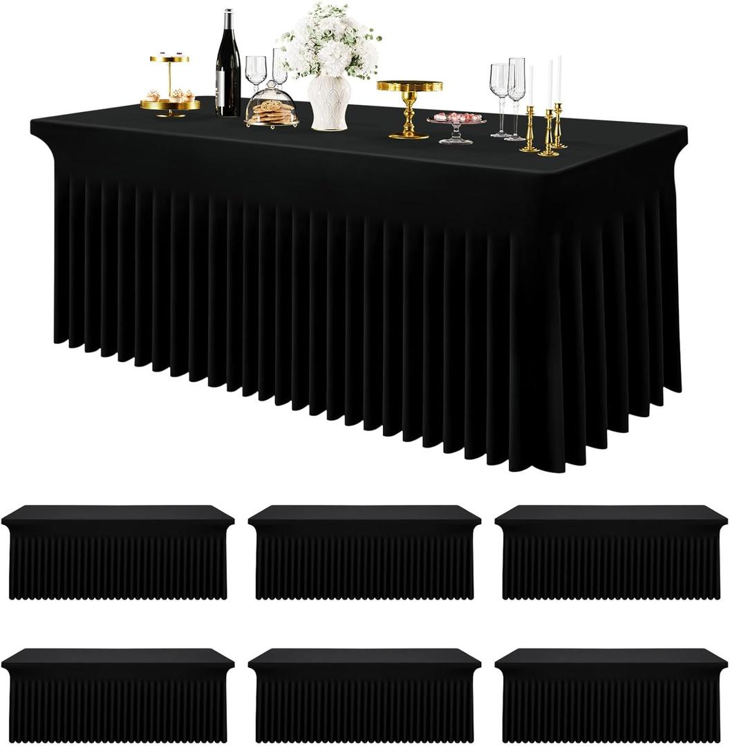 Smiry Spandex Tablecloth 6 Pack, Elastic Fitted Stretch Tablecloth for 6FT Rectangle Tables, Waterproof Washable Table Cover Skirt for Wedding, Banquet & Parties (Black, 72Lx30Wx30H Inch)