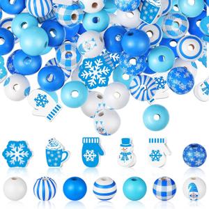 190 Pcs Winter Wood Snowflake Craft Beads 16mm Multi Colored Natural Colorful Round Loose Spacer Beads for Necklace Earring Bracelet Jewelry Making Garland Home Decor (Snowman)