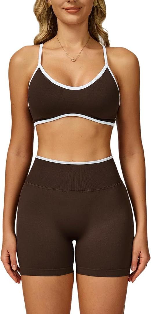 Workout Sets for Women 2 Piece Seamless Color Block Sports Bra High Waist Tummy Control Biker Shorts Gym Yoga Outfits (Small, Coffee)
