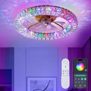 Crystal Chandelier Ceiling Fan with Lights，Smart Bladeless RGB-LED Fan Light with Remote/APP Control, 22" Modern Low Profile Flush Mount Fandelier for Living Room, Dinning Room, Bedroom, Medium