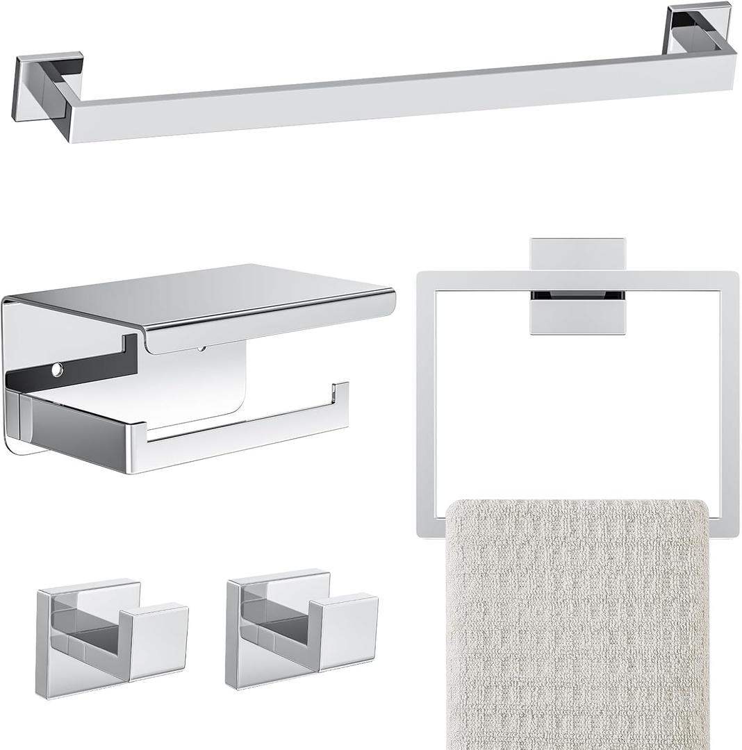 5-Pieces Polished Chrome Bathroom Hardware Accessories Set,16 Inch Towel Bar Set,Stainless Steel Towel Holder Set for Bathroom,Wall Mounted Chrome Bathroom Hardwar Set