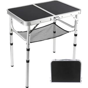 Small Folding Table 2 Foot, Portable Camping Table with Mesh Holders, Lightweight Aluminum Adjustable Height, with Carry Handle for Camping Picnic Indoor Outdoor, White 24 x 16 inch (Black