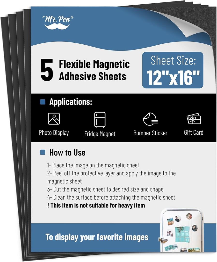 Mr. Pen- Adhesive Magnetic Sheets, 12" x 16", 5 Pack, Cuttable Magnets Flexible Magnet Sheets with Adhesive for Crafts Photos, Classroom Decorations, Easy Peel and Stickers for Planning
