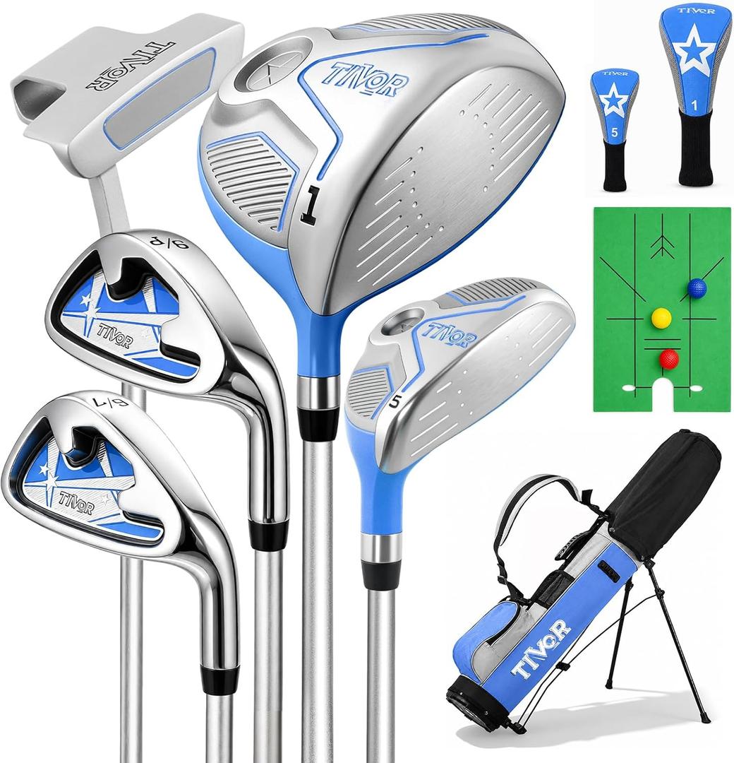 Kids Golf Clubs Set for Ages 9-12,Right Left Handed Youth Golf Clubs Set with 400cc Driver, Hybrid, 7 Iron, 9 Iron, Wedge, Putter, Stand Bag & 2 Headcovers,Junior Golf Clubs,Blue Yellow Pink