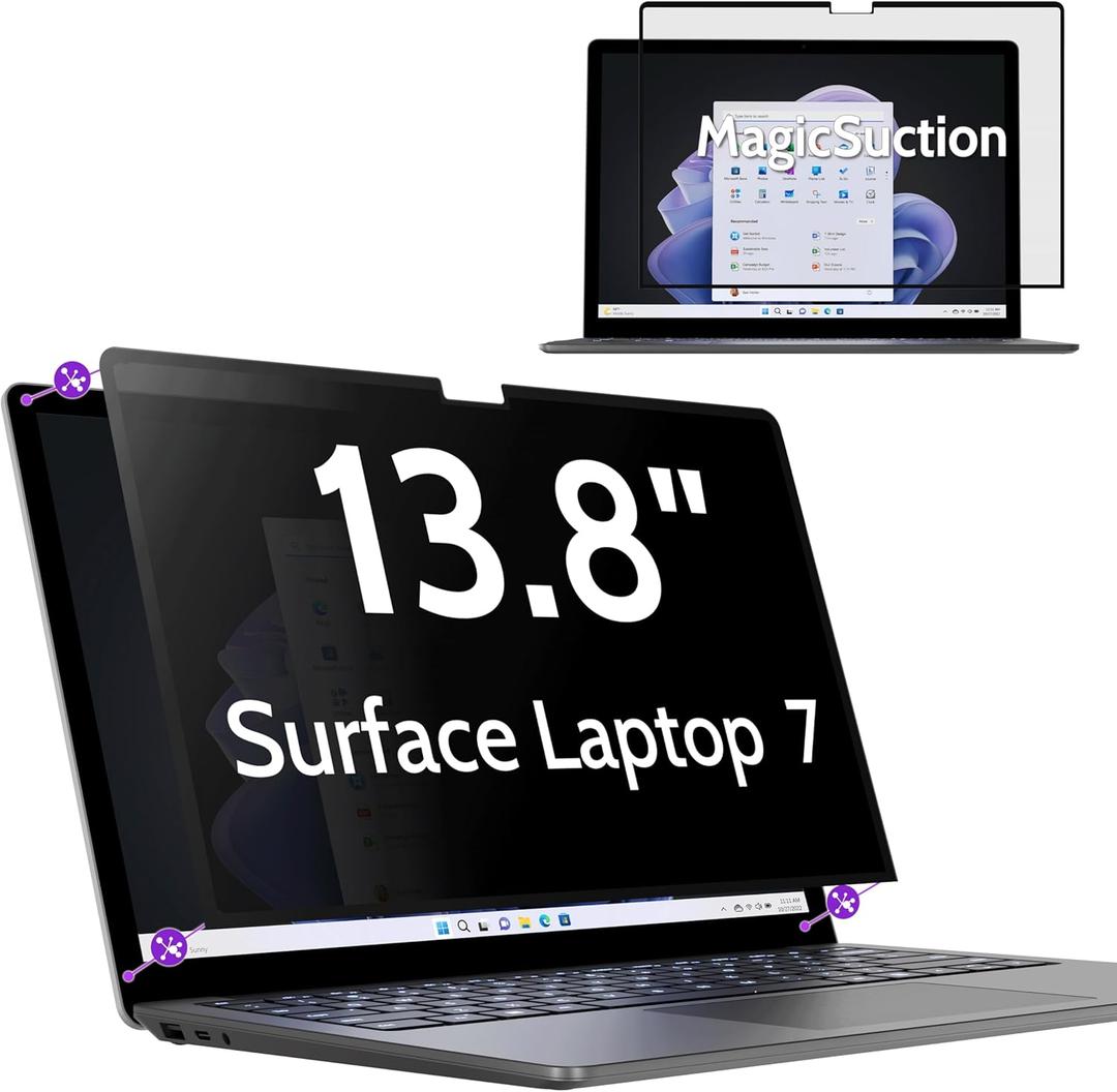 Privacy Screen for 13.8 Inch Surface Laptop 7, MagicSuction Removable Anti Spy Black Protector, Glare Blue Light Filter for Microsoft Laptop Computer Monitor