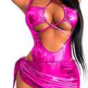 Kaei&Shi Metallic Swimsuit,Cut Out Keyhole Backless Sexy Thong Bodysuit,Rave Outfit for Women Festival Concert Outfits (4-6, Hot Pink)