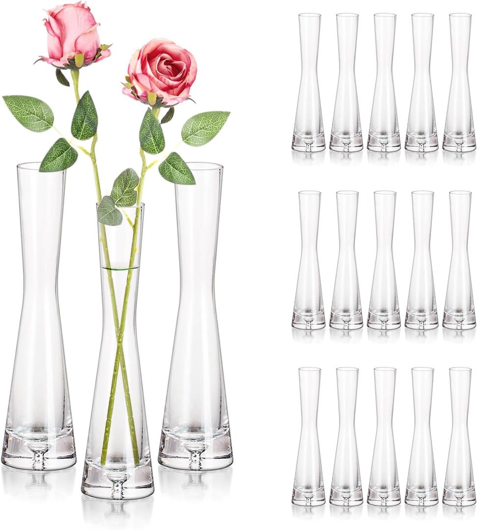 Hewory Glass Bud Vases for Centerpieces Set of 18, Handmade Modern Clear Small Skinny Decorative Single Flower Vase, Minimalist Slim Floral Vase for Home Wedding Party Events Table Decor, 7.87"