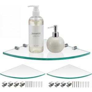 Kingrol 3 Pack Glass Bathroom Shower Shelves, Extra Thick Wall Mounted Shelves, Clear Floating Corner Shelves for Kitchen, Bathroom, Living Room, Office