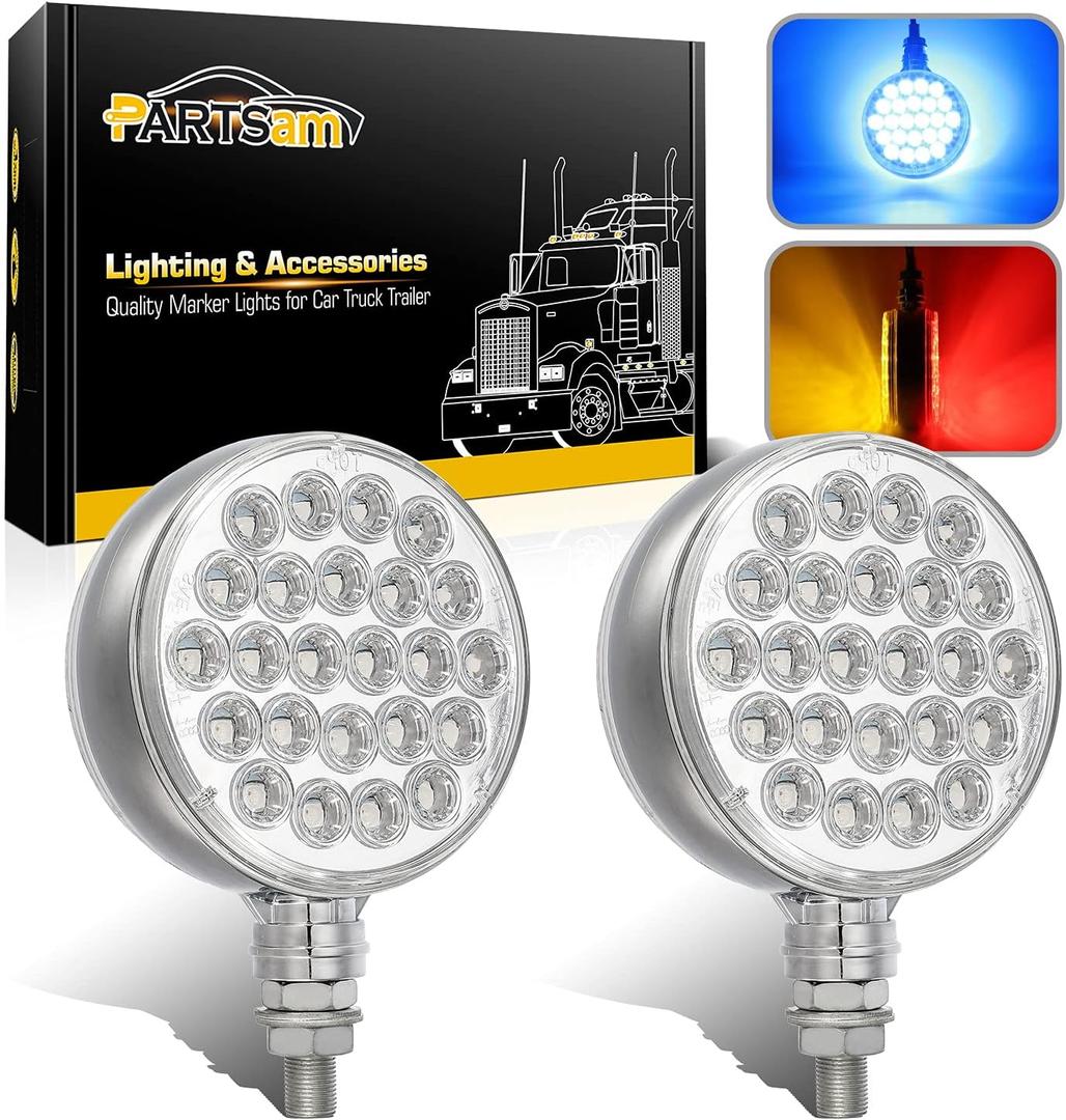 Partsam 2Pcs Round Double Face Led Turn Signal Marker Lights and Blue Auxiliary Lights LED Pedestal Lights Post Mount 48 LED for Truck Trailer Mirror Arm Clamp Clearance, 10-30V (Amber/Red/Blue)