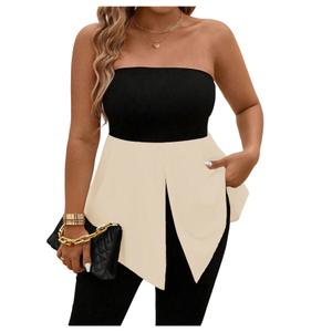SOLY HUX Women's Plus Size Strapless Tube Tops Color Block Split Going Out Bandeau Tank Shirts Apricot and Black X-Large Plus