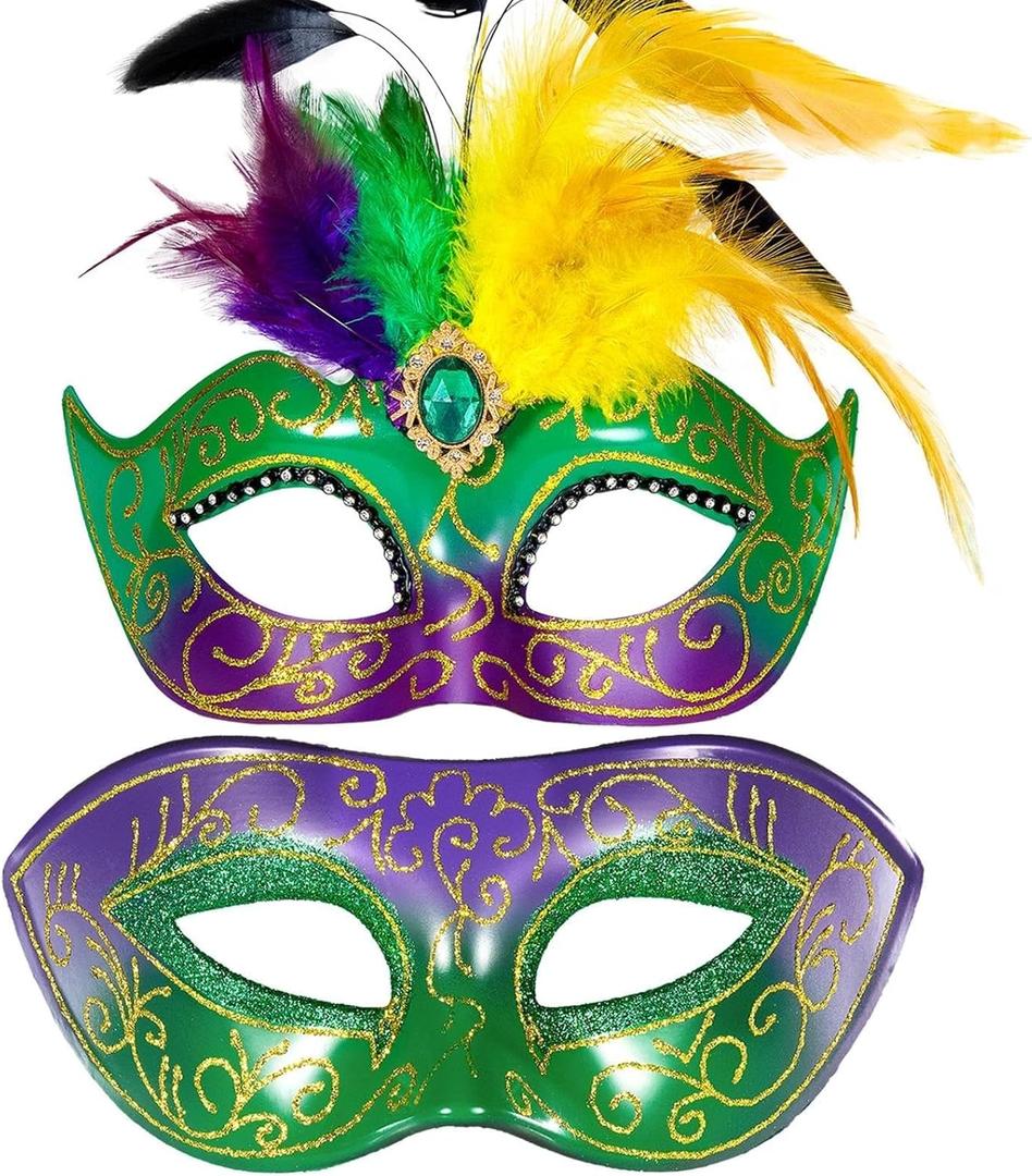 Masquerade Mask for Couple with Feathers - Womens Feather Carniva Masks & Men Venetian Mask for Halloween, Christmas (Mardi Gras)