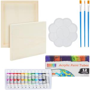 Bright Creations 18-Piece 18x10 Inch Wooden Canvas Painting Set, 2 Natural Wood Panel Paint Boards with 12 Acrylic Paint Tubes, 3 Brushes, 1 Plastic Palette for Crafting and Art Supplies
