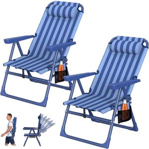 Suteck Beach Chairs for Adults 2 Pack, 6-Position Reclining Backpack Chairs | Lightweight Folding Tall Beach Chairs with Backpack Straps, Cooler Bag, Cup Holder, for beach, camping and outdoor use