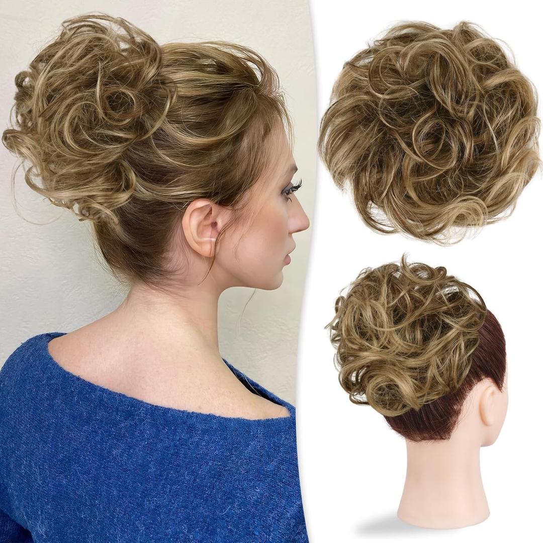 RUWISS Large Messy Bun Hair Piece 100% Human Hair Layered Wavy Curly Hair Buns Hair Piece for Women Thick Updo Hairpiece for Daily Wear Real Hair Ponytail Extension (Brown with Warm Blonde Highlights) RUWISS Large Messy Bun Hair Piece 100% Human Hair Layered Wavy Curly Hair Buns Hair Piece for Women Thick Updo Hairpiece for Daily Wear Real Hair Ponytail Extension (Brown with Warm Blonde Highlights)