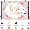 5x3ft 1st Birthday Backdrop Onederland Tea Party Photography Background Pink Flower Green Leaf Flamingo Teapot Girls First Birthdays Party Banner Decorations Kids Parties Photo Booth Prop