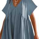 Womens Summer Mini Dress Casual Short Sleeve Loose V Neck Swing Sundress with Pocket (X-Small, Bluegrey)