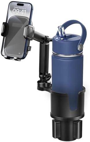 Cup Phone Holder for Car with Expandable Base, 2 in 1 Adjustable Hands Free Cell Phone Holders Car Cupholder Mount, Friendly Fit Large Bottle & iPhone All Cellphone for Truck SUV | No Shake Design