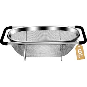 Over the Sink Colander - 6QT Strainers and Colanders - Stainless Steel Strainer - Expandable Sink Colander with Rubber Grip for Strain, Drain, Rinse Fruits, Vegetables, Home Kitchen Essentials