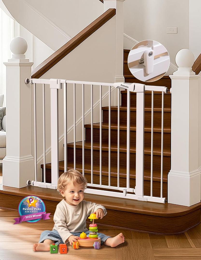 Babelio 29-43" Magnetic Baby Gate for Stairs,Doorways House,Kitchen,30" Tall Pet Door with Baffles,Pressure Mounted & Dual-Lock Design Safety for Kids Toddler,Auto-Close/Hold-Open,White