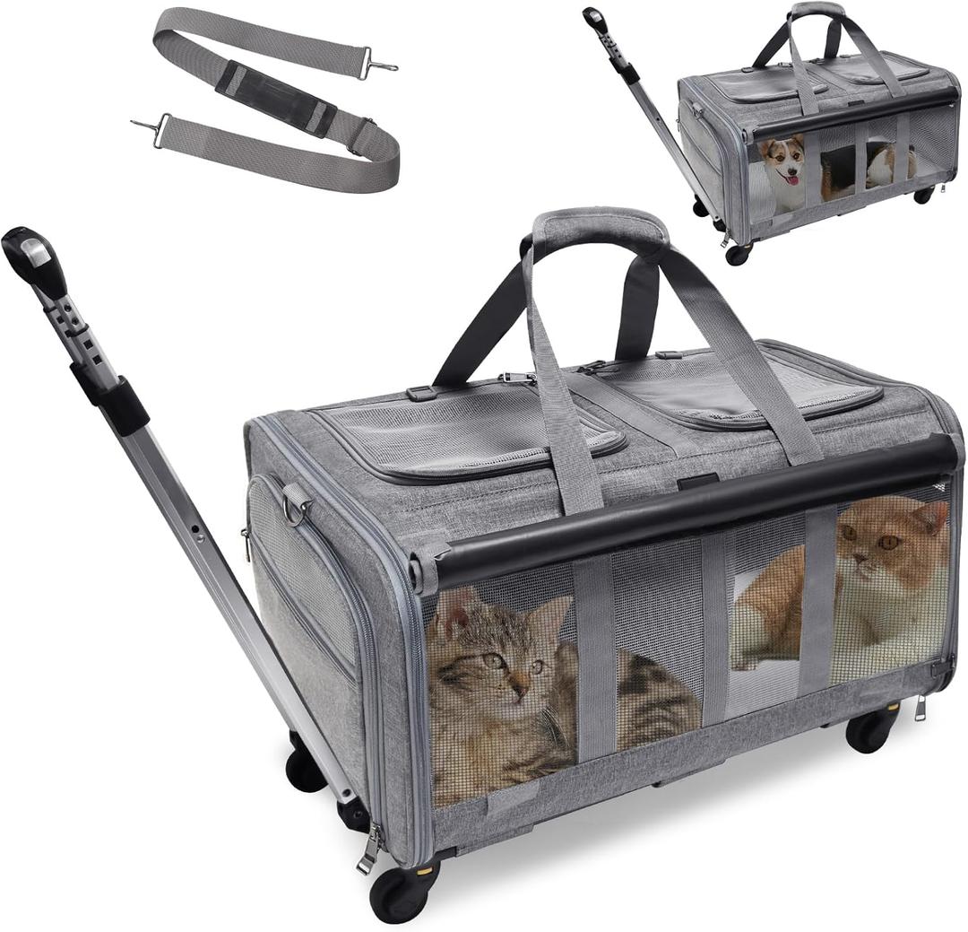 GJEASE Cat Rolling Carrier for 2 Cats,Double-Compartment Pet Rolling Carrier with Wheels for 2 Pets,for Up to 35 LBS,Super Ventilated Design, Ideal for Traveling/Hiking/Camping