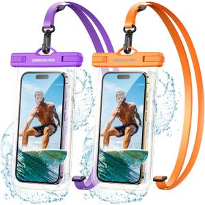 UNBREAKcable Waterproof Phone Pouch-2 Pack IPX8 Waterproof Phone Case for iPhone 16 15 14 13 12 Pro Max & Samsung S25 S24-Dry Bag & Travel Essentials for Beach, Pool, Kayak & Cruise-7" Orange + Purple