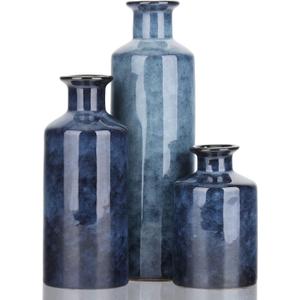 Blue Ceramic Vase Set - 3 Blue Small Vases, Farmhouse Country Flower Vase Home Decor, Living Room Decoration, Table Decoration, Fireplace Decor, and Entrance Decorations Centerpieces