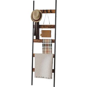Blanket Ladder, 5-Tier Towel Holder with 4 Removable Hooks, Farmhouse Wall Leaning Decorative Rack Shelf, Wooden Towel Display Rack, Quilt Ladder for Living Room, Bedroom, Rustic Brown (17.3"W x 63.0"L)
