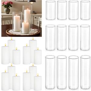 24 Pcs White Pillar Candles with Glass Candle Holder Hurricane Glass Candle Holders Clear Cylinder Vases for Centerpieces Wedding Office Party Home Table Decor (12 set)