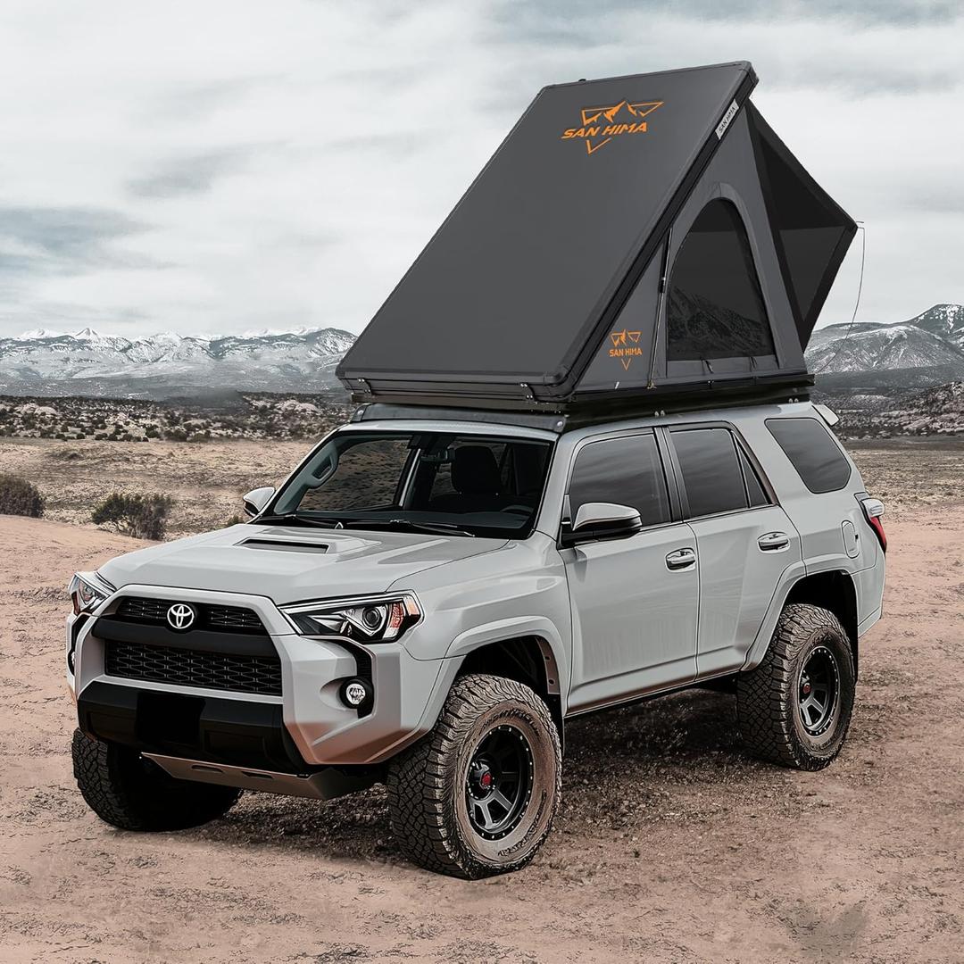 Sanhima Rooftop Tent Hard Shell - Hotham Lite Overland Aluminium Roof Top Tent 4.56" Slimline, w/Tri-Color LED Strip Light & 1.97 Thick Mattress, for Car SUV Truck Camping, 2-3 People (Gray)