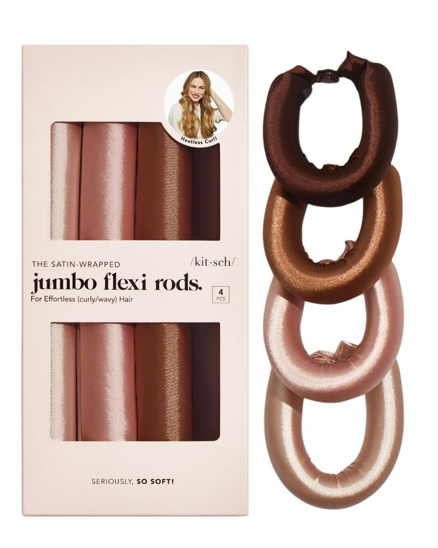 Kitsch Satin Hair Curlers, Heatless Curling Rod - Jumbo Flexi Rod, Heatless Hair Curler - Hair Curlers to Sleep In - No Heat Overnight Curls - For All Hair Types and Texture - 4pcs Rosewood (4 Count (Pack of 1))