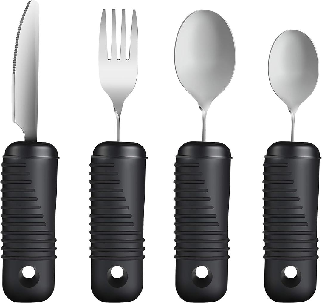 Adaptive Utensils,Easy Grip Silverware,Built Up Bendable Fork,Teaspoon,Tablespoon and Knife for Elderly,Hand Tremors,Arthritis and Parkinson's Patients,4 Piece Set