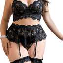 Verdusa Women's Plus Size 4 Piece Lingerie Set Floral Lace Sheer Bralettes and Thong with Garter Belt (3X-Large Plus, Black)