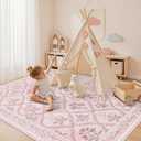 Pink Rug for Bedroom Girls, 5x7 Washable Rug for Floral Nursery Decor, Cute Soft Low-Pile Non Slip Indoor Floor Carpet for Baby Kids Room Playroom Living Room Dorm, Pink Multi