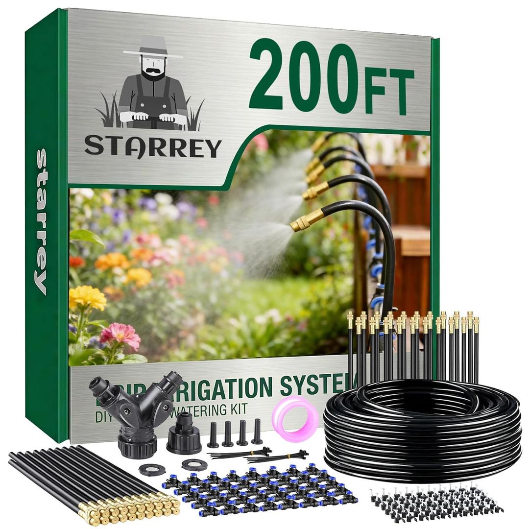 Drip Irrigation System, 2026-Upgrade 200Ft 1/4" Garden Watering System with 40 Pcs 360 Adjustable Copper Nozzles, DIY Kit for Garden, Lawn, Greenhouse, Raised Beds & Outdoor Plants