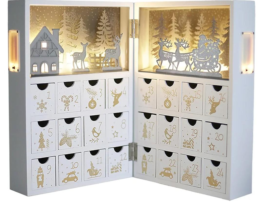 Wooden Christmas Advent Calendar Book with LED-lit Winter Forest Scene - 24 Drawer Countdown with Fine Silver Reindeer & Snow Design - Decorative & Functional Gift Storage for Kid