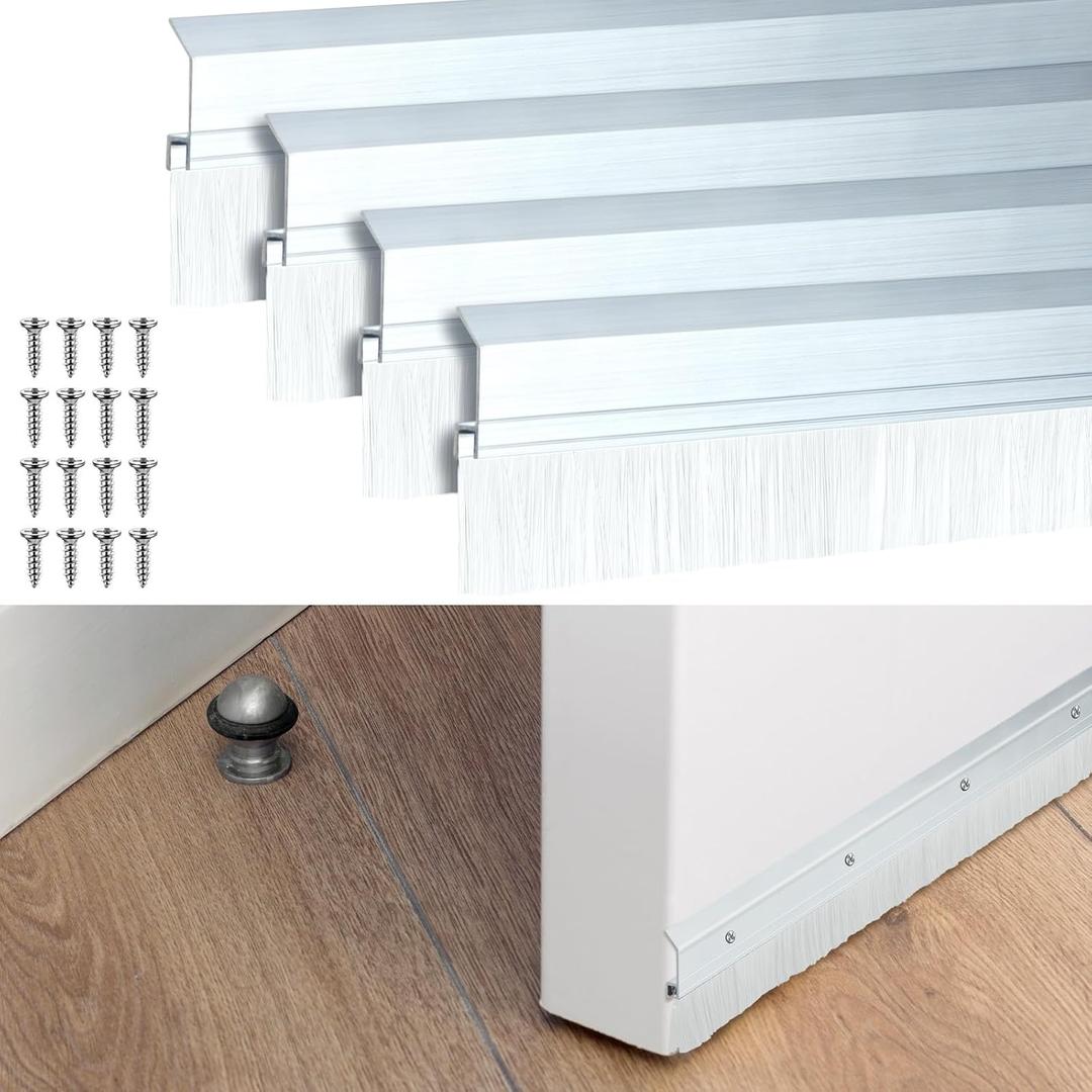 Hushee 4 Pcs 2x36 Inches Brush Door Sweep for Exterior, Aluminum Commercial Door Sweep Bottom All-Season Alloy Brush for Exterior and Interior Sealing Gaps Keeps Out Cold Air, Dust (White)