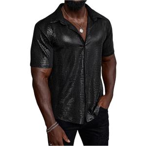 WDIRARA Men's 70s Disco Top Crocodile Pattern Button Down Shirt Short Sleeve Rave Party PU Leather T Shirt (Black), S