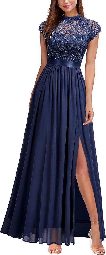 Miusol Women's Elegant Sequin Lace Contrast Chiffon Split Style Evening Party Maxi Dress (XX-Large, Navy Blue)