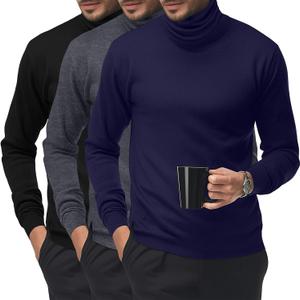 Riyiper Men's 3 Pcs Basic Turtleneck Knitted Long Sleeve Casual Fit Tops Fall Winter Pullover (Large, Black, Dark Grey, Navy Blue)