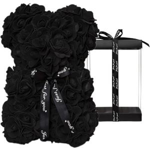 DuHouse 10 inch Rose Bear Artificial Plant for Anniversary, Birthdays, Bridal Showers - Fully Handmade, Unique Gift Box (Black)
