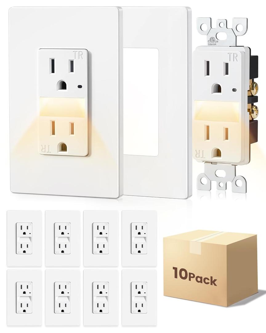 SURAIELEC 15AMP Outlet with Nightlight, Dusk to Dawn Guide Light, Electrical Receptacle with LED Night Light 3000K, Tamper Resistant Outlet, ETL Listed, Screwless Wall Plate Included, White, 10 Pack