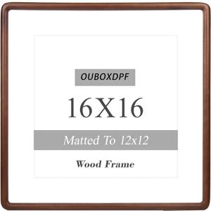 16x16 Picture Frame Wood 12x12 with Mat, Natural Solid Walnut Wooden Rounded Corner Photo Frames with Tempered Glass for Hanging Displaying Horizontally or Vertically
