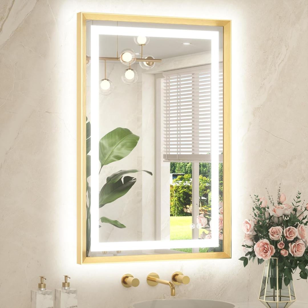 TETOTE 24 x 36 Bathroom LED Mirror Brushed Gold Metal Frame Frontlit & Backlit Vanity Mirror Anti-Fog Stepless Dimmable 3 Colors White/Warm/Natural Mirror with Lights Wall-Mounted