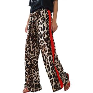 Rapbin Women's Leopard Wide Leg Pants Casual Side Striped High Waisted Palazzo Trousers with Pockets Summer 2026 (S)