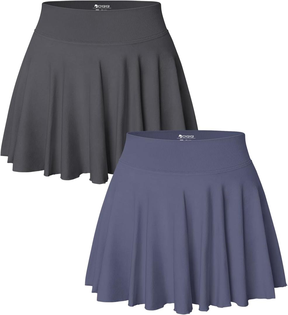 OQQ Women 2 Piece Skirts 2 in 1 Flowy Basic Versatile Stretchy Flared Casual Mini Skirts (Medium, Darkgrey,grey Blue)