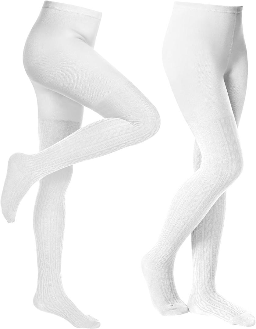 Baby Girls Tights Cable Knit Toddler Leggings Winter Solid Cotton Tights School Stockings 2 Pack 2T-12 Years (White)