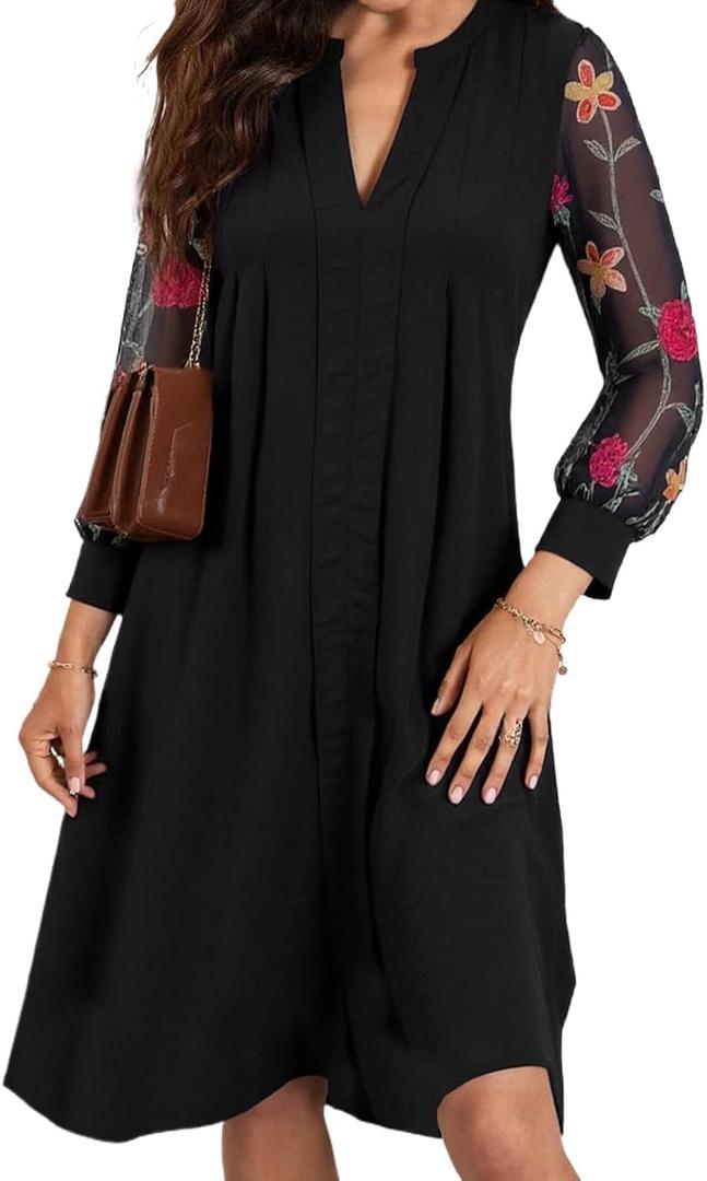 HVT Wedding Guest Floral Dress Long Sheer Mesh Sleeve V Neck MIdi Length Round Collar Shirred Summer Lace Dresses