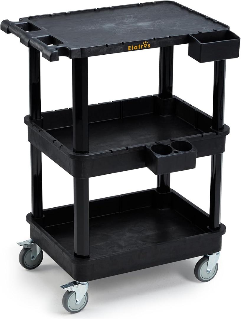 ELAFROS 3-Tier Utility Cart with Flat Top and Deep Shelves, 27.5 x 18.25, Compact Rolling Cart with 4" Wheels, Heavy-Duty Plastic, 330 lbs Capacity for Office, Workshop, Warehouse